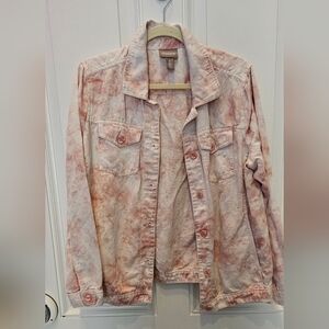 Chicos Distressed Soft Denim Jacket in Light Pink Size 2 Cotton/Linen